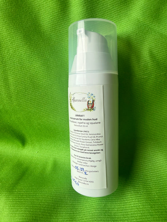 Urkraft- Anti-age dagserum for moden hud – nypefrø, rødkløver og squalane, 50 ml